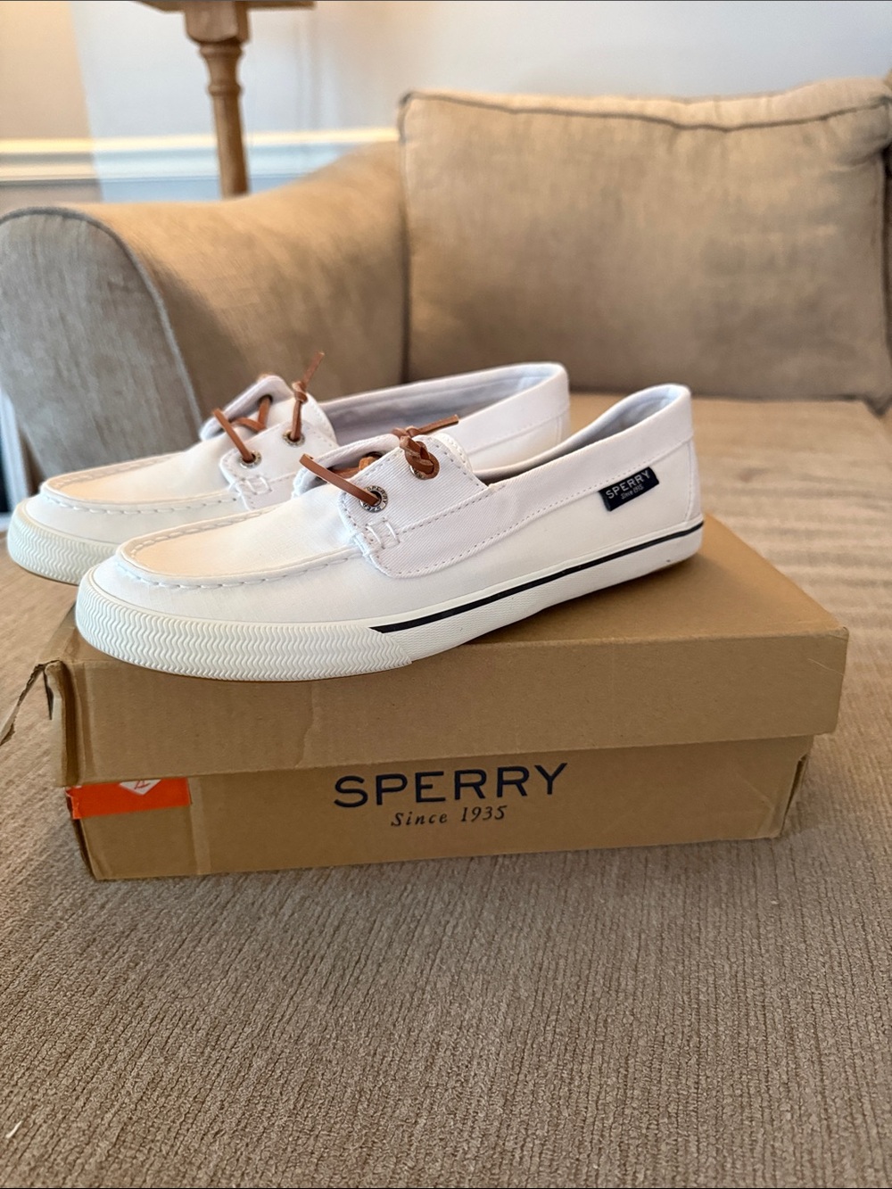 Sperry White Canvas Boat Shoes with Brown Lace